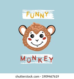 Funny Monkey Face. Cute Marmoset Head for Tee Print Design for Kids. Vector Cartoon Little Baby Animal. Scandinavian Card, Print or Poster Design