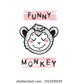 Funny Monkey Face. Doodle Cute Marmoset Head for Tee Print Design for Kids. Vector Cartoon Little Baby Animal. Scandinavian Card, Print or Poster Design