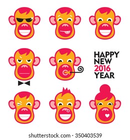 Funny monkey faces set. Vector merry characters. Symbol of New Year 2016. Chinese horoscope