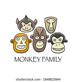 Funny monkey family. Sketch for your design. Childish style. Vector illustration