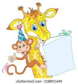 Funny Monkey In A Festive Hat Sits On The Neck Of A Giraffe. Giraffe Holds A Banner With Space For Text. In Cartoon Style. Isolated On  White Background. Template For Congratulations