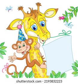 Funny monkey in a festive hat sits on the neck of cute giraffe in nature. Giraffe holding a banner with space for text. In cartoon style. Isolated on white background. Template for congratulations