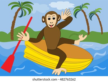 Funny Monkey Floats On Yellow Inflatable Rubber Dinghy With Red Oar. Illustration For Children, Animal Vector Cartoon Clipart