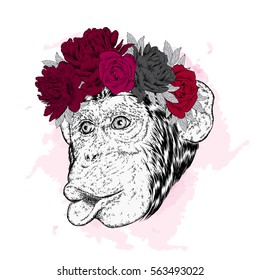 Funny monkey flower wreath. Vector illustration for a card or poster. Print on clothes.