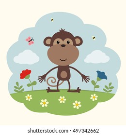 Funny monkey and flowers in cartoon style.