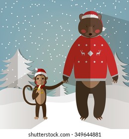 funny Monkey and forest Bear. Chinese Zodiac. New Year and Christmas greeting card. Winter background. Vector illustration.