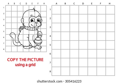funny monkey game. Vector illustration of grid copy puzzle with happy cartoon monkey for children