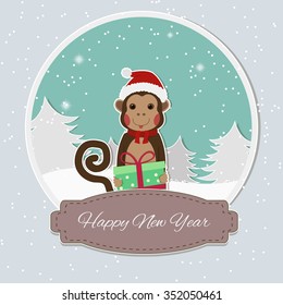 funny Monkey with gift, new year and christmas greeting card, background, cartoon character illustration. Vector