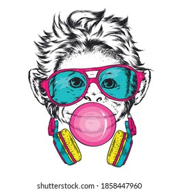 A funny monkey with glasses, headphones and chewing gum. Animals, clothing and accessories. Vector illustration.