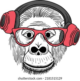 Funny Monkey in a glasses and in a red headphones. Humor card, tshirt composition, hand drawn style print. Vector illustration.