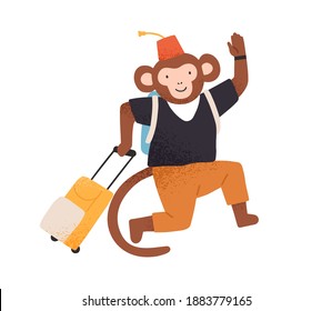 Funny monkey going to vacation or travel, waving hand vector flat illustration. Cute wild animal jumping carrying baggage isolated on white. Happy childish ape character tourist with suitcase