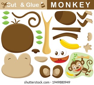 Funny monkey hang on tree branches with banana. Education paper game for children. Cutout and gluing. Vector cartoon illustration