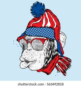 Funny monkey in a hat. Vector illustration for a card or poster, print on clothes.