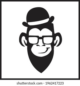 Funny Monkey head with Sunglass, Hat and Beard Logo  Template