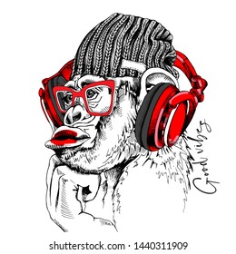 Funny Monkey in a hipster knitted hat, in a glasses and in a red headphones. Good vibes - lettering quote. Humor card, t-shirt composition, hand drawn style print. Vector illustration.