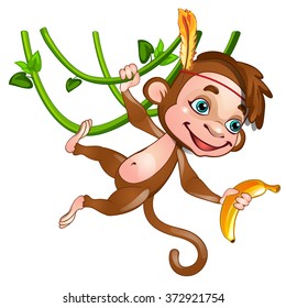 Funny monkey holding a banana. Vector.