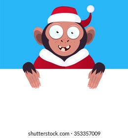 Funny monkey holding a blank banner. Cartoon monkey in a Christmas hat peeking from behind a blank banner.