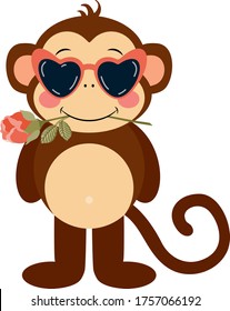 Funny monkey holding a rose with mouth