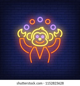 Funny monkey juggling colorful balls neon sign. Circus animal performing. Night bright advertisement. Vector illustration in neon style for trick and entertainment