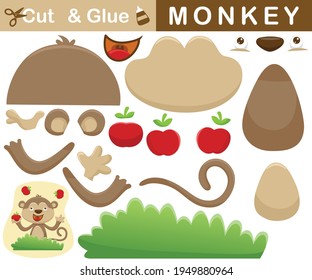 Funny monkey juggling fruits. Education paper game for children. Cutout and gluing. Vector cartoon illustration