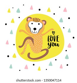 Funny monkey and lettering - super cute, on a yellow background and geometric pattern, isolated. Jungle, savanna animal clipart. Postcard, kid book clipart or print in vector.