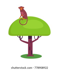 Funny monkey with long curled tail sits on big tree with thick foliage that stands on piece of grass isolated vector illustration on white background.