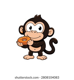 Funny monkey mascot eating delicious glazed donut.