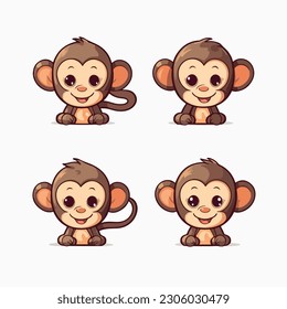 Funny monkey minimalist stickers in logo, icon style, 2D illustration in doodle, cartoon style. 