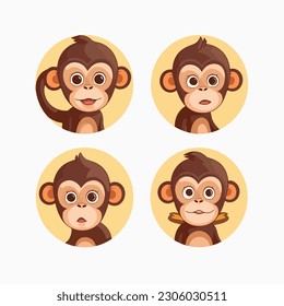 Funny monkey minimalist stickers in logo, icon style, 2D illustration in doodle, cartoon style. 