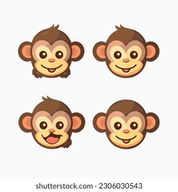 Funny monkey minimalist stickers in logo, icon style, 2D illustration in doodle, cartoon style. 