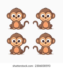 Funny monkey minimalist stickers in logo, icon style, 2D illustration in doodle, cartoon style. 