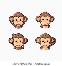 Funny monkey minimalist stickers in logo, icon style, 2D illustration in doodle, cartoon style. 