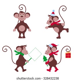 funny monkey.
funny monkey.monkey on skates, another monkey comes with a poster, the third monkey with a Christmas tree and a gift for the new year, the fourth monkey static posture