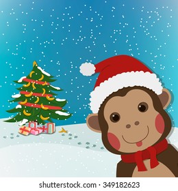 funny monkey, new year and  christmas greeting card, background, cartoon character illustration