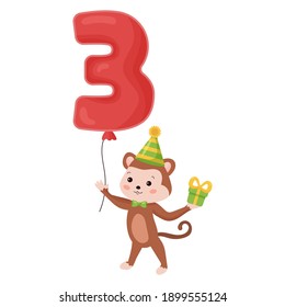 Funny monkey with number balloon. Happy Birthday greeting and invitation card design for three years old children.