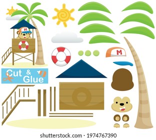 Funny monkey on lifeguard post. Education paper game for children. Cutout and gluing. Vector cartoon illustration