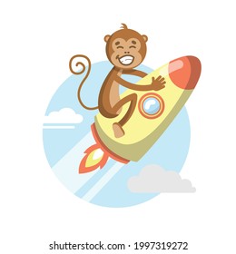 Funny monkey on a rocket. Character for children. Cute vector illustration for nursery, children's room, baby shower, greeting card, textile, children's T-shirts and clothing.