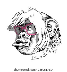 Funny Monkey in a pink glasses has its eyes covered by its hand. I can't see - lettering quote. Humor card, t-shirt composition, hand drawn style print. Vector illustration.