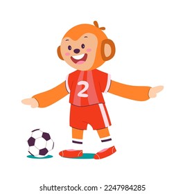 Funny monkey play football flat icon Sport game. Vector illustration