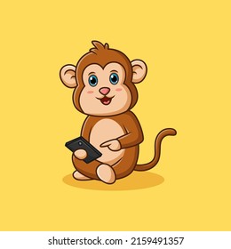 Der lustige Affe spielt Smartphone. Einziger Cartoon-Charakter des Schimpansen. Vektorgrafik