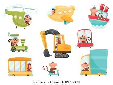 Funny Monkey with Protruding Ears Driving Bus and Sailing Boat Vector Set