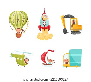 Funny Monkey with Protruding Ears Driving and Riding Different Transport Vector Set