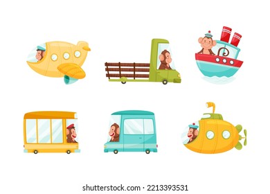 Funny Monkey with Protruding Ears Driving and Riding Different Transport Vector Set