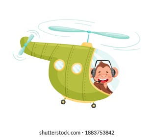 Funny Monkey with Protruding Ears Flying the Aircraft Vector Illustration