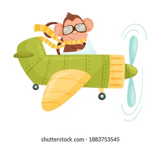 Funny Monkey with Protruding Ears Wearing Scarf and Flying the Aircraft Vector Illustration