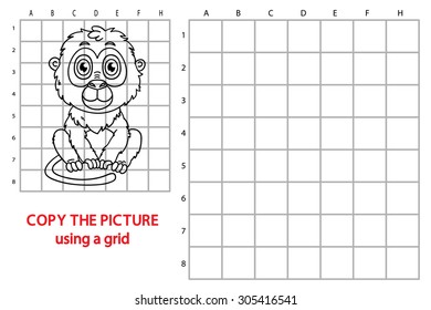 funny monkey puzzle educational kids game. Vector illustration of grid copy puzzle educational kids game with happy cartoon monkey for children