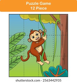 Funny monkey. Puzzle games for kids. 12 piece. Child education. Vector illustration