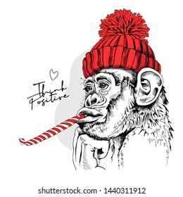 Funny Monkey in a red hipster knitted hat and with a whistle blowing. Think positive - lettering quote. Humor card, t-shirt composition, hand drawn style print. Vector illustration.