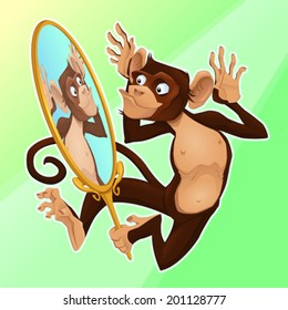 Funny monkey reflecting himself in a mirror. Cartoon vector illustration