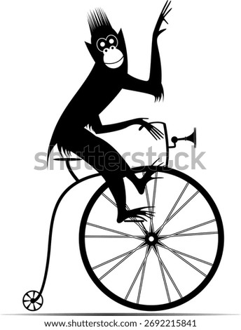 Funny monkey rides a vintage bicycle.
Circus. Cute monkey rides a penny farthing bicycle. Black and white illustration
